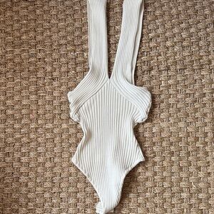 Plunged  Cream Ribbed bodysuit Women . One size